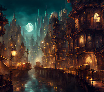 Steampunk city at night